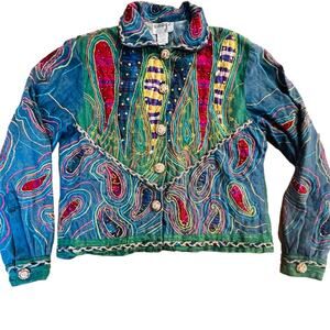VTG Anage Embellished Paisley Pattern Long Sleeve Denim Jacket Jewel Buttons Sml